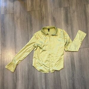Silky green cinched button down shirt
